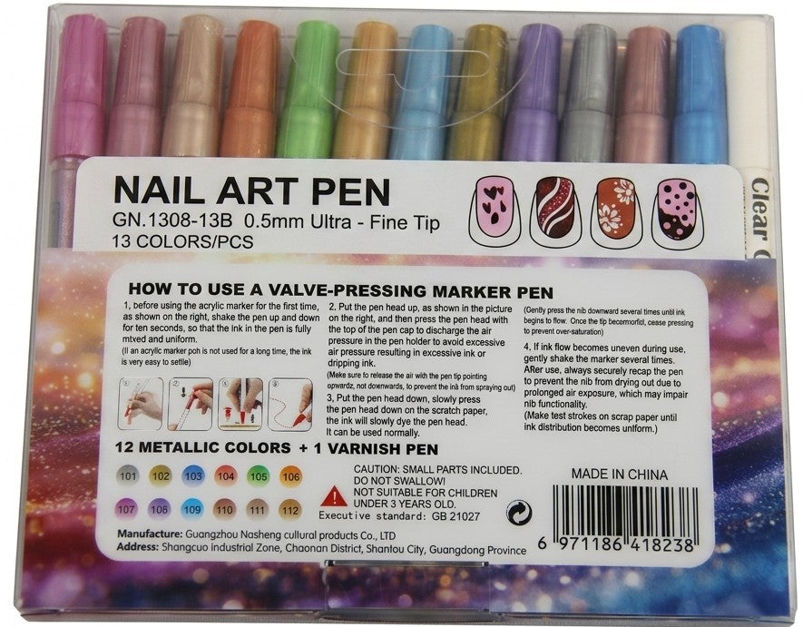 Guangna Metallic Nail-Art Set – 12 Kleuren + 1 Fixatie Stift (Soft Luxury Metallic)