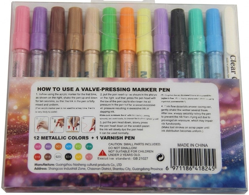 Guangna Metallic Nail-Art Set – 12 Colors + 1 Fixation Pen (Vivid Rainbow Metallic)