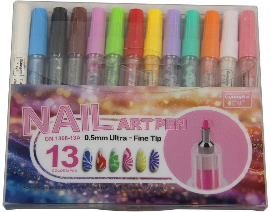 Guangna Metallic Nail-Art Set – 12 Colors + 1 Fixation Pen (Vivid Rainbow Metallic)